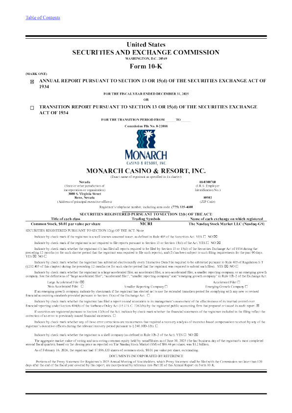 Monarch Casino & Resort Inc 2025年度报告