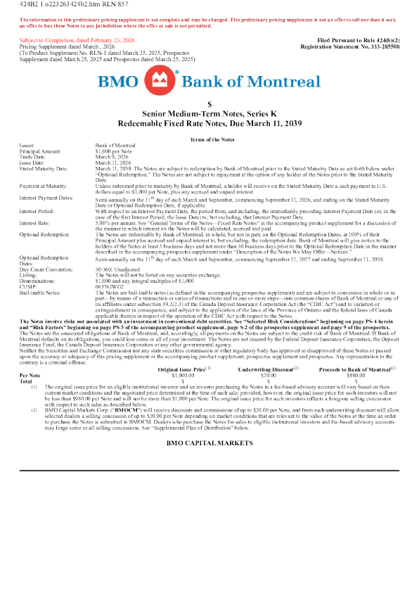 蒙特利尔银行美股招股说明书(2026-02-24版)