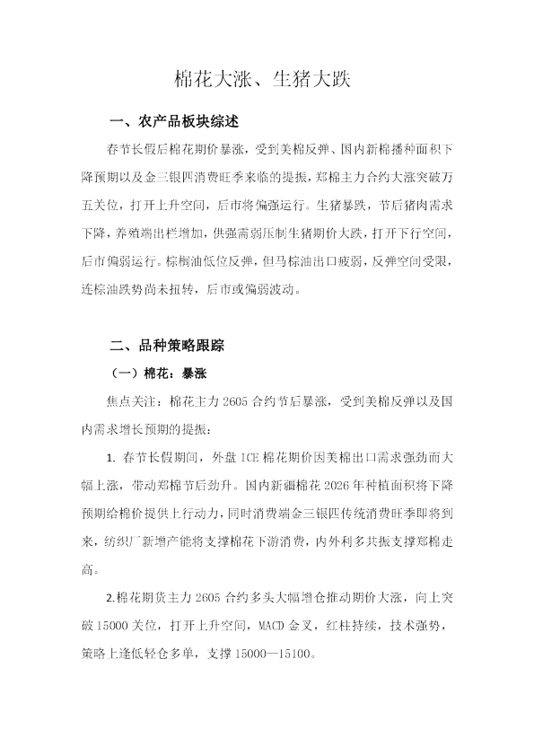 棉花大涨、生猪大跌