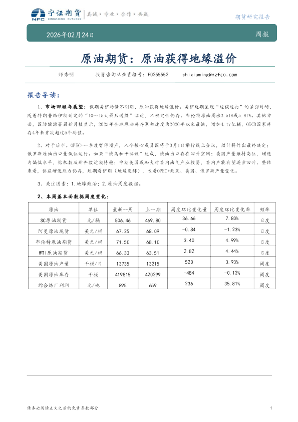 原油期货：原油获得地缘溢价