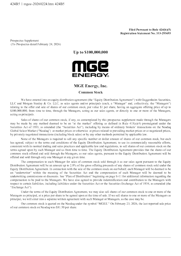 MGE Energy Inc美股招股说明书(2026-02-24版)