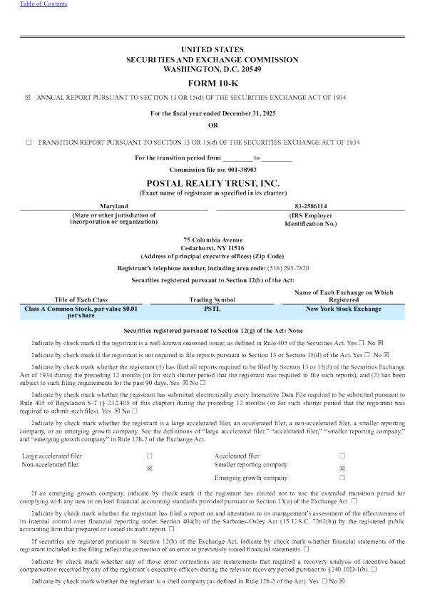 Postal Realty Trust Inc-A 2025年度报告