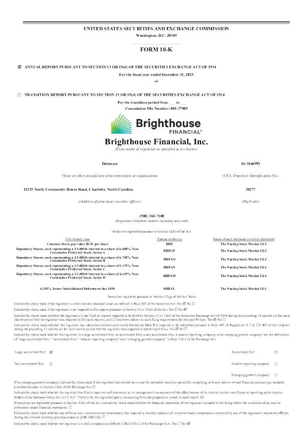 Brighthouse Financial Inc 2025年度报告