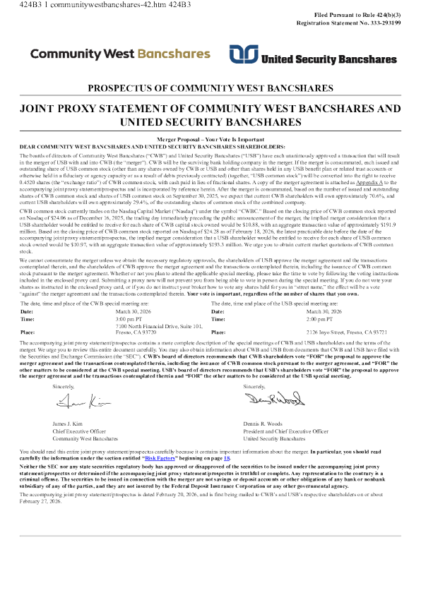 Community West Bancshares美股招股说明书(2026-02-24版)