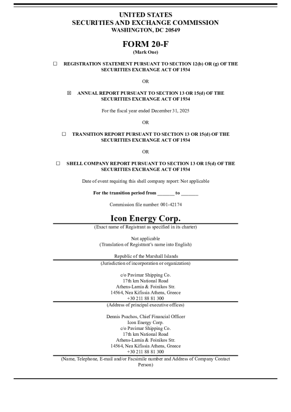 Icon Energy Corp 2026年年度报告和过渡报告