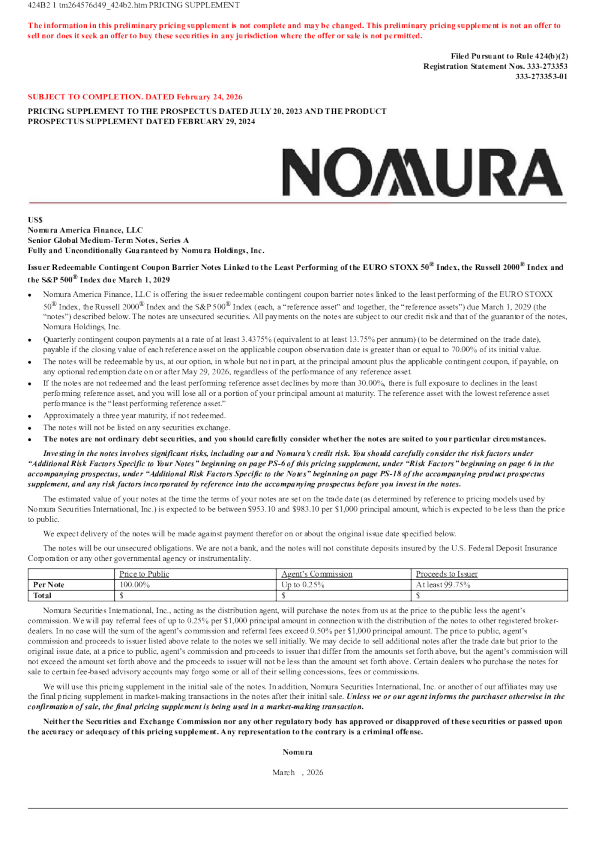 野村控股美股招股说明书(2026-02-24版)