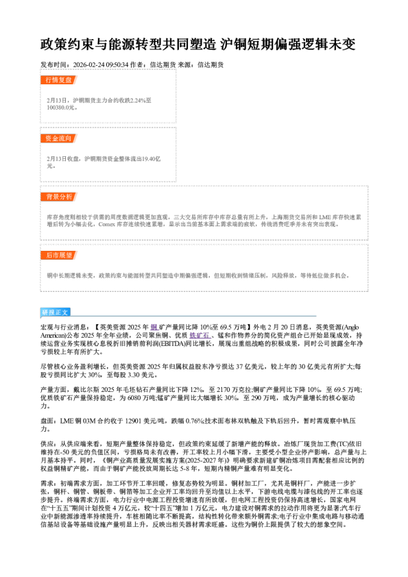 政策约束与能源转型共同塑造 沪铜短期偏强逻辑未变