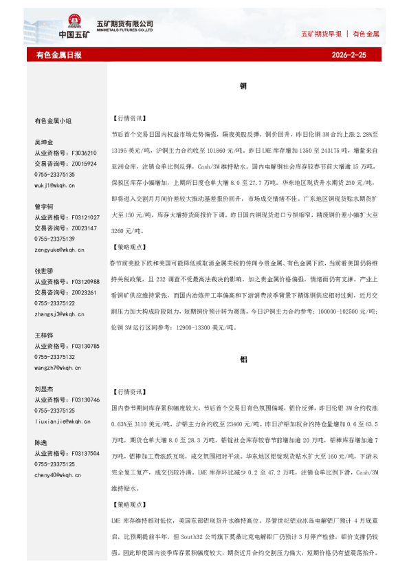 有色金属日报 2026-2-25