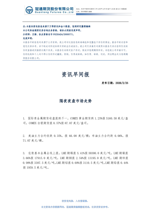 隔夜夜盘市场走势：资讯早间报