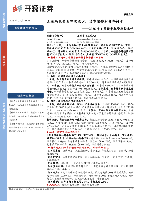 2026年1月债市托管数据点评:上清所托管量环比减少,债市整体杠杆率持平