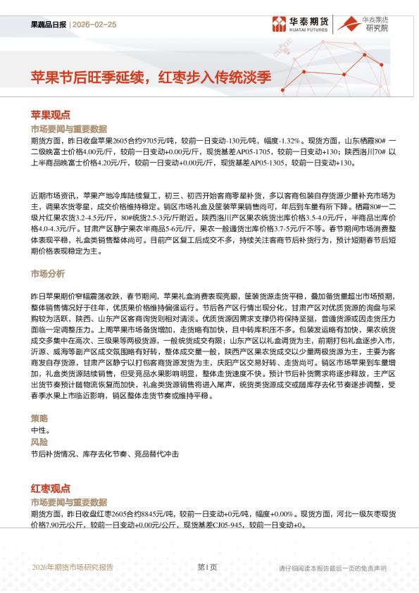 果蔬品日报：苹果节后旺季延续，红枣步入传统淡季