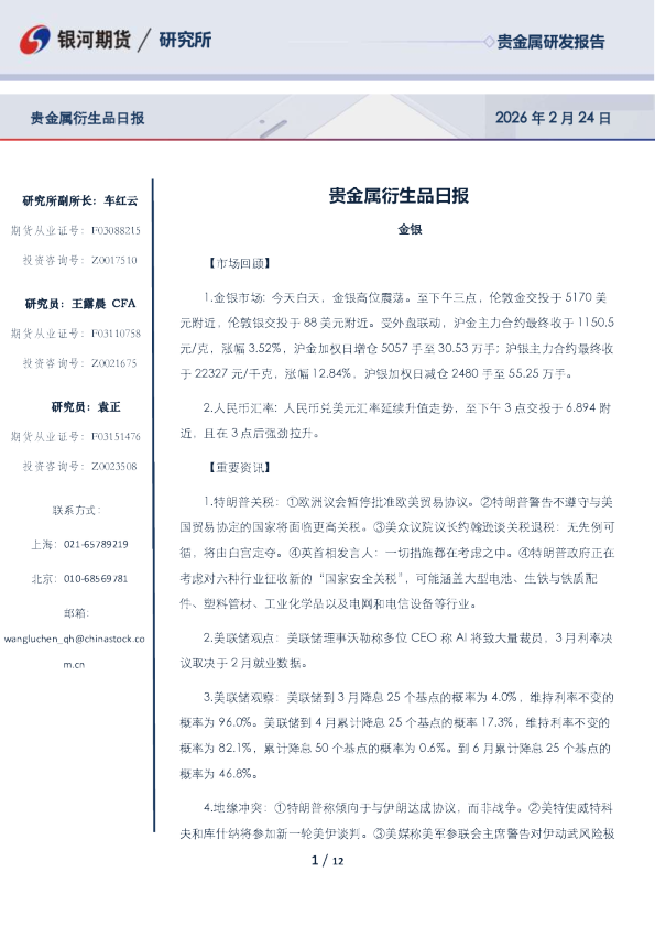 【银河期货】贵金属日报（2026-02-24 ）