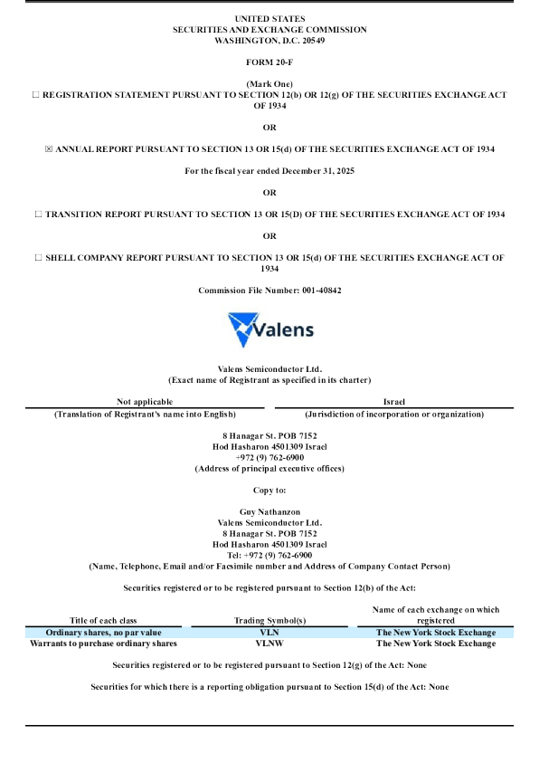 Valens Semiconductor Ltd 2026年年度报告和过渡报告