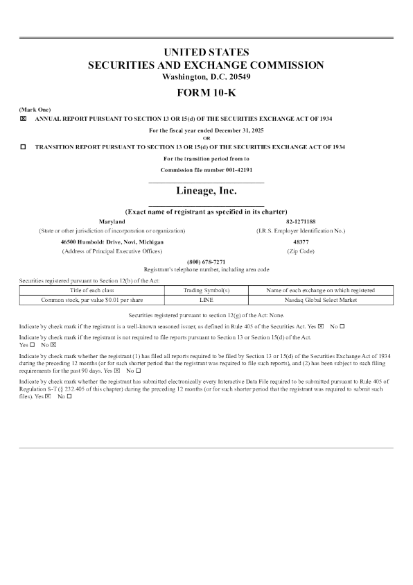 Lineage Inc 2025年度报告