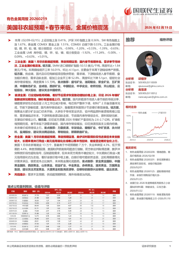 有色金属行业周报20260219：美国非农超预期+春节来临金属价格震荡