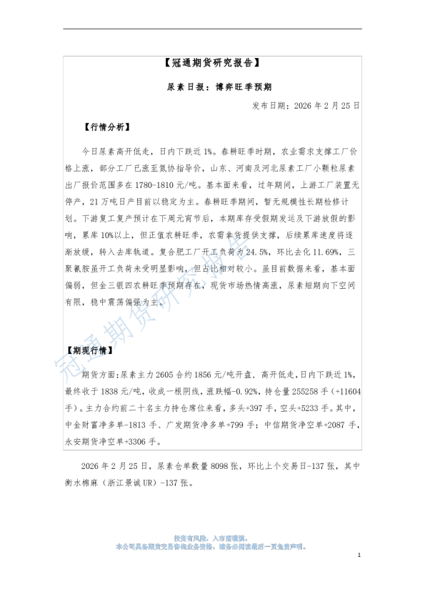 尿素日报：博弈旺季预期