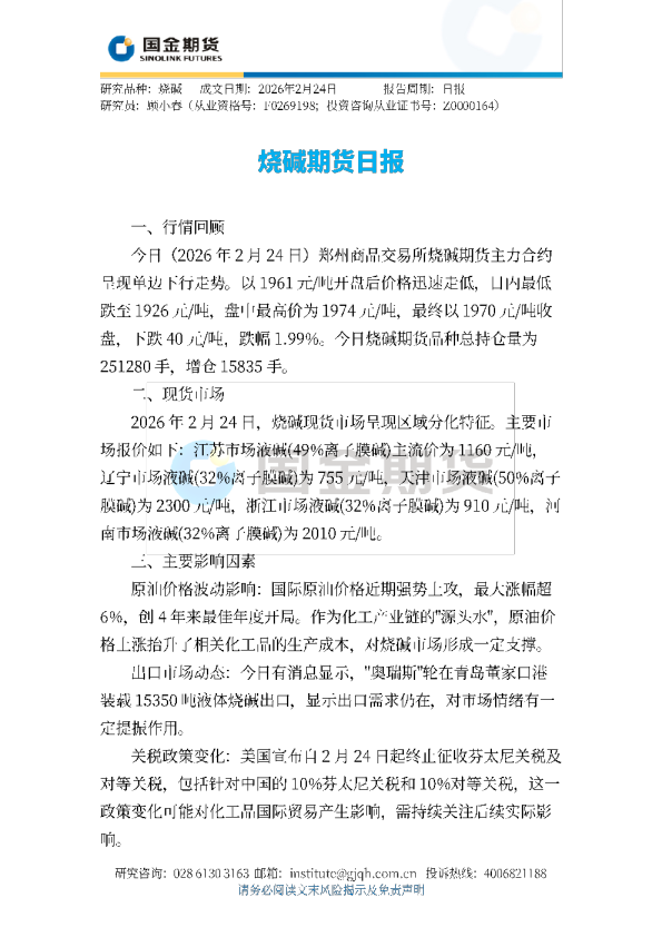 烧碱期货日报