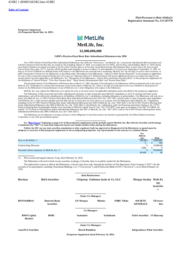 大都会人寿美股招股说明书(2026-02-25版)