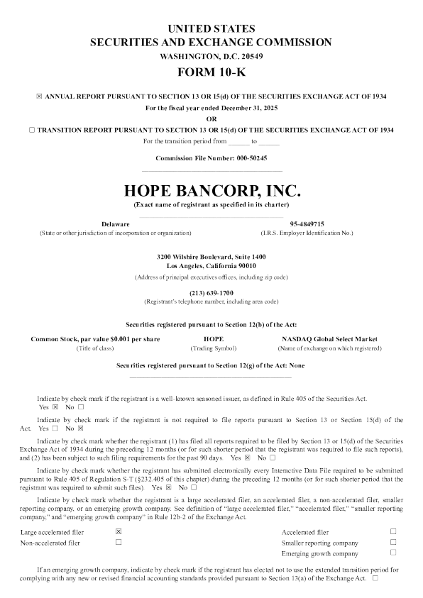 Hope Bancorp Inc 2025年度报告