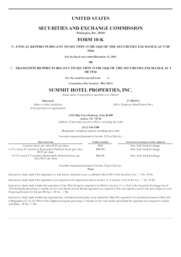 Summit Hotel Properties Inc 2025年度报告