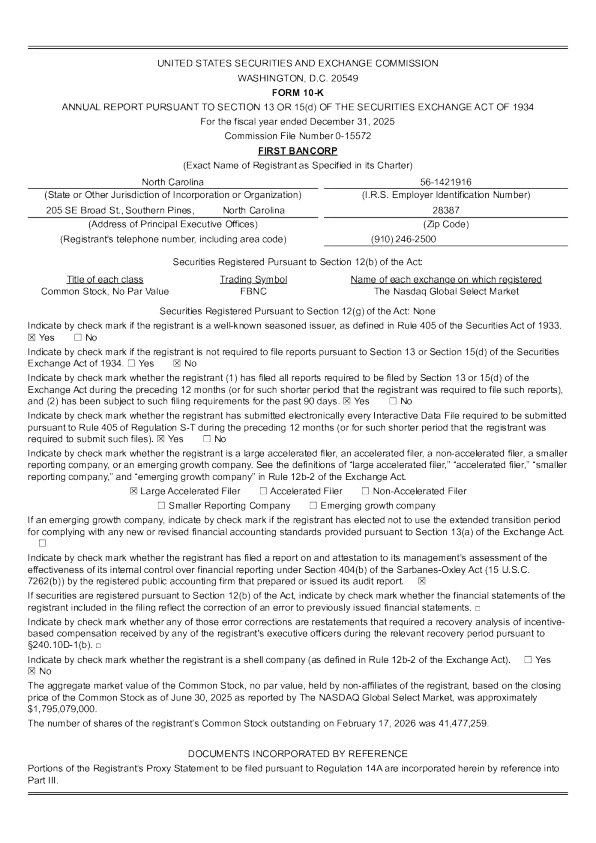 第一银行(卡罗莱纳州) 2025年度报告