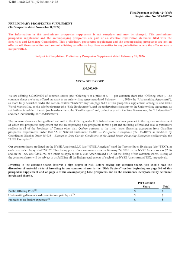 Vista Gold Corp美股招股说明书(2026-02-25版)