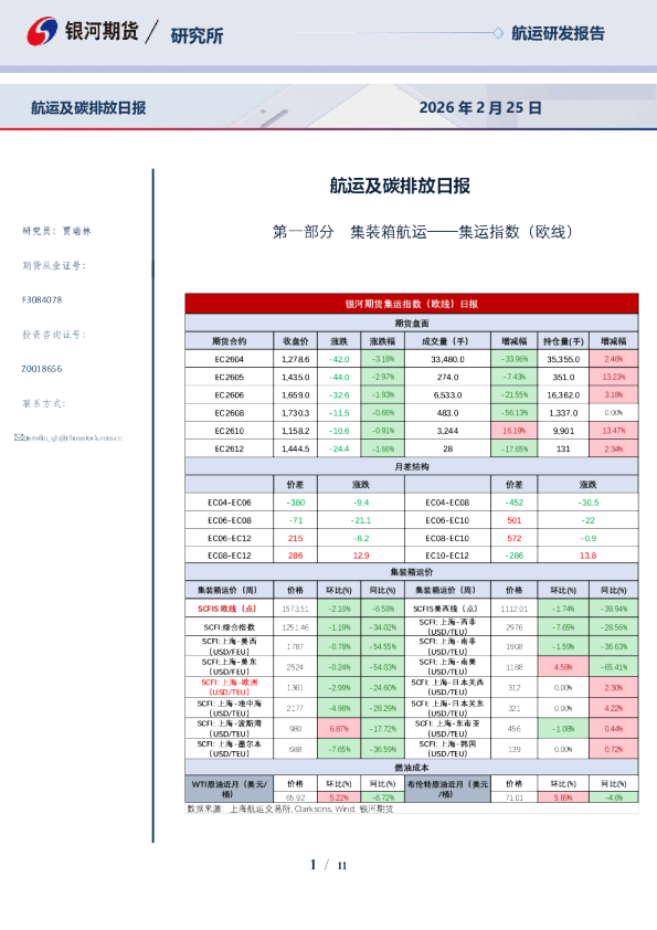 【银河期货】航运及碳排放日报(2026-2-25)