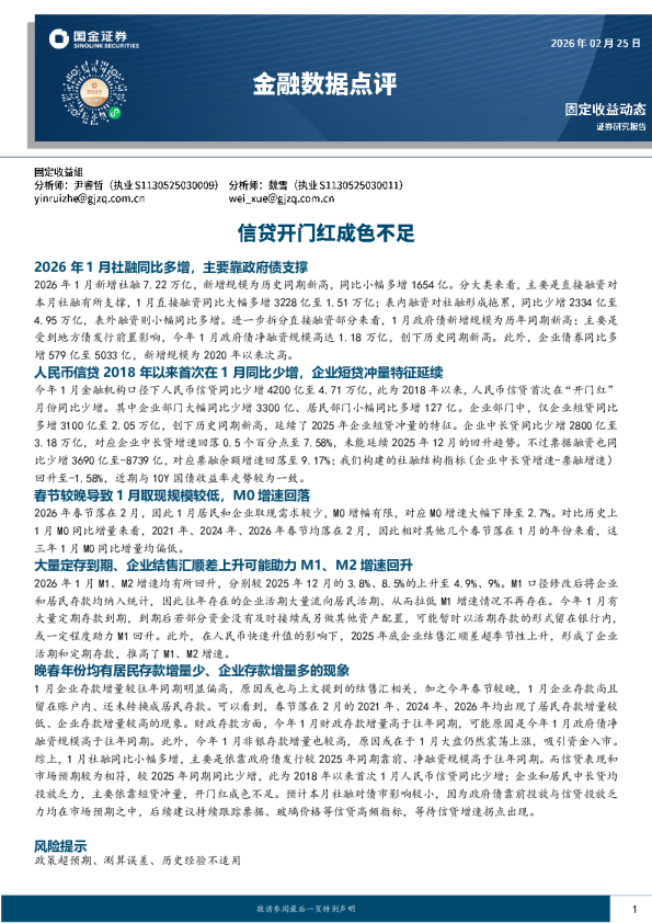 金融数据点评：信贷开门红成色不足