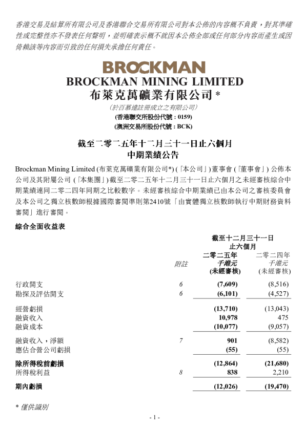 布莱克万矿业：截至二零二五年十二月三十一日止六个月中期业绩公告