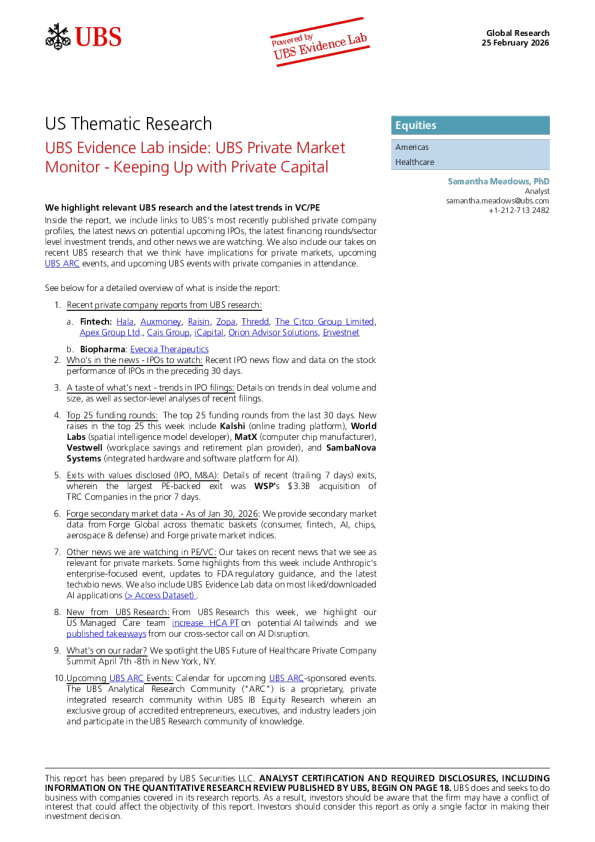 瑞银私募市场监测 - 紧跟私募资本