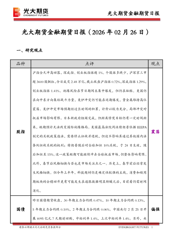 光大期货金融期货日报（2026年02月26日）