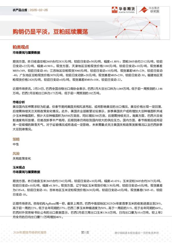 农产品日报：购销仍显平淡，豆粕延续震荡