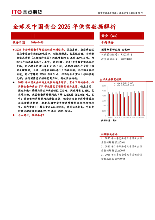 全球及中国黄金2025年供需数据解析