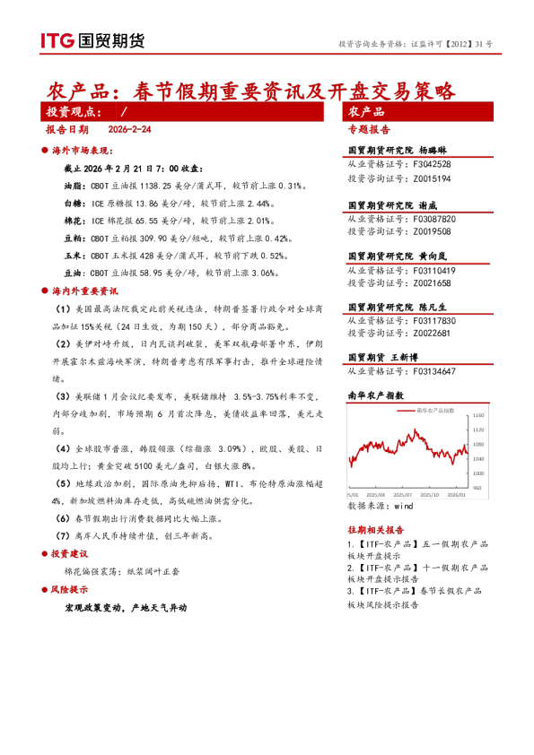 农产品：春节假期重要资讯及开盘交易策略