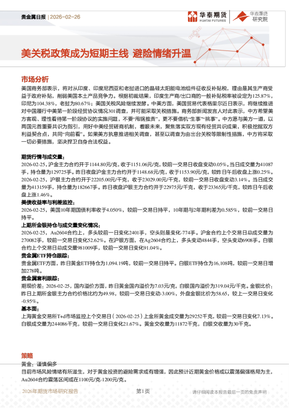 贵金属日报:美关税政策成为短期主线,避险情绪升温