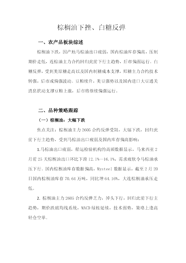 棕榈油下挫、白糖反弹