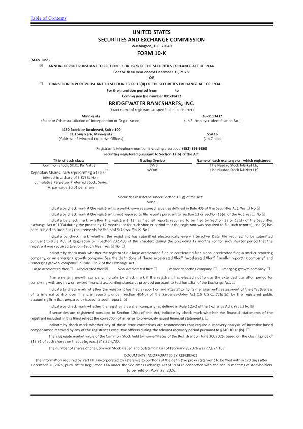 Bridgewater Bancshares Inc 2025年度报告