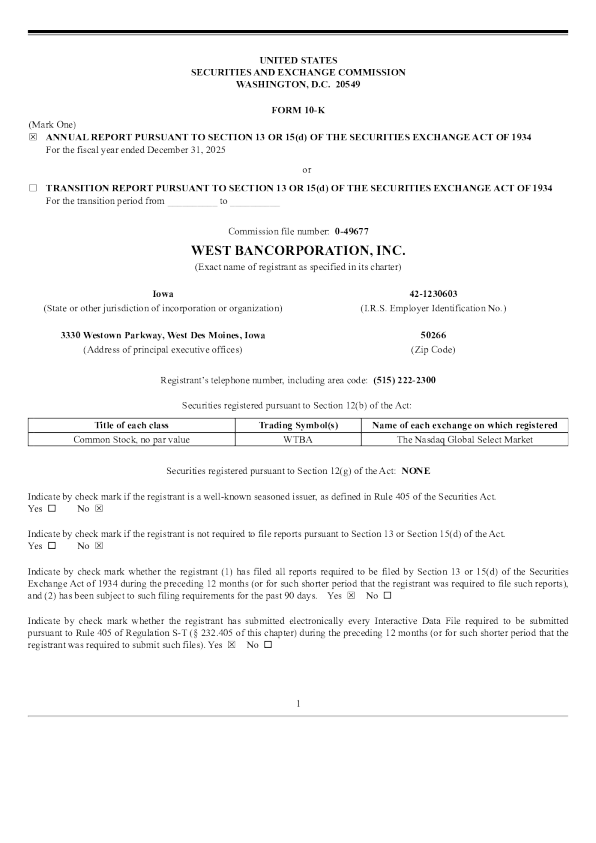 West Bancorporation Inc 2025年度报告