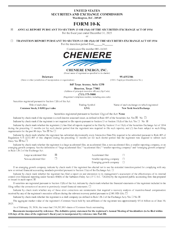 Cheniere Energy Inc 2025年度报告