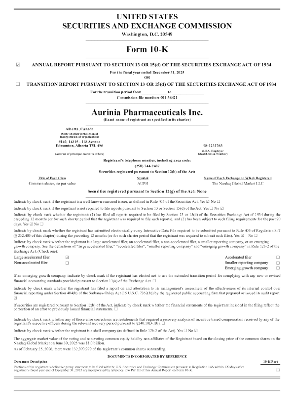 Aurinia Pharmaceuticals Inc 2025年度报告