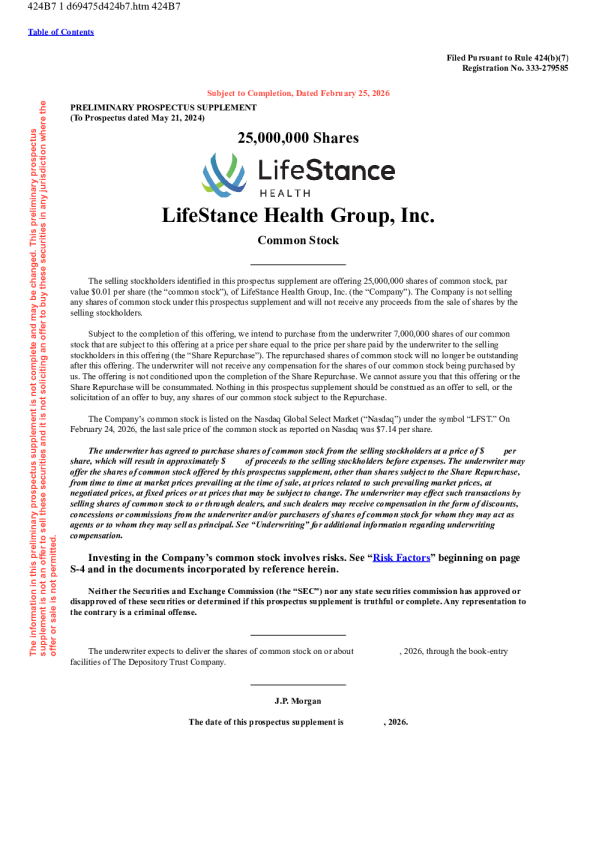 LifeStance Health Group Inc 美股招股说明书（2026年2月26日版）
