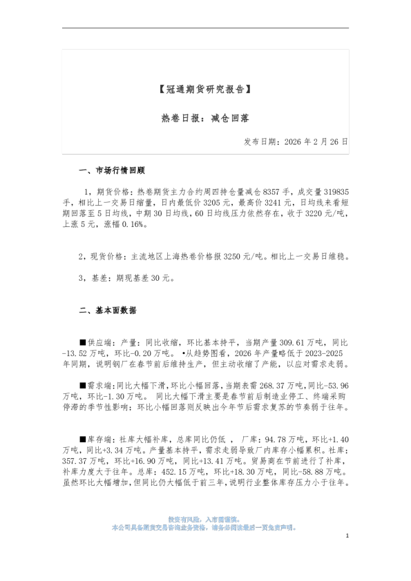 热卷日报：减仓回落