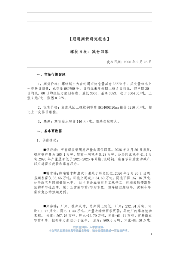 螺纹日报：减仓回落