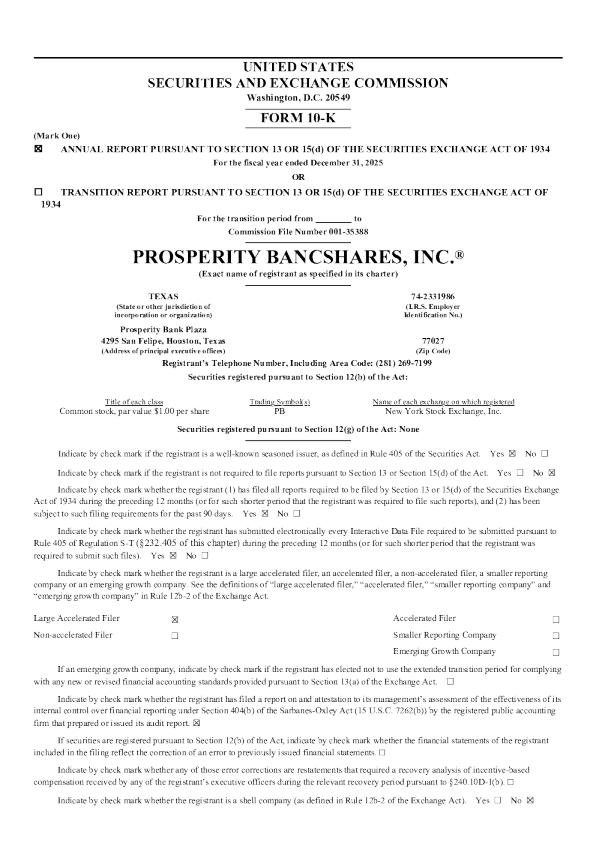 Prosperity Bancshares Inc 2025年度报告