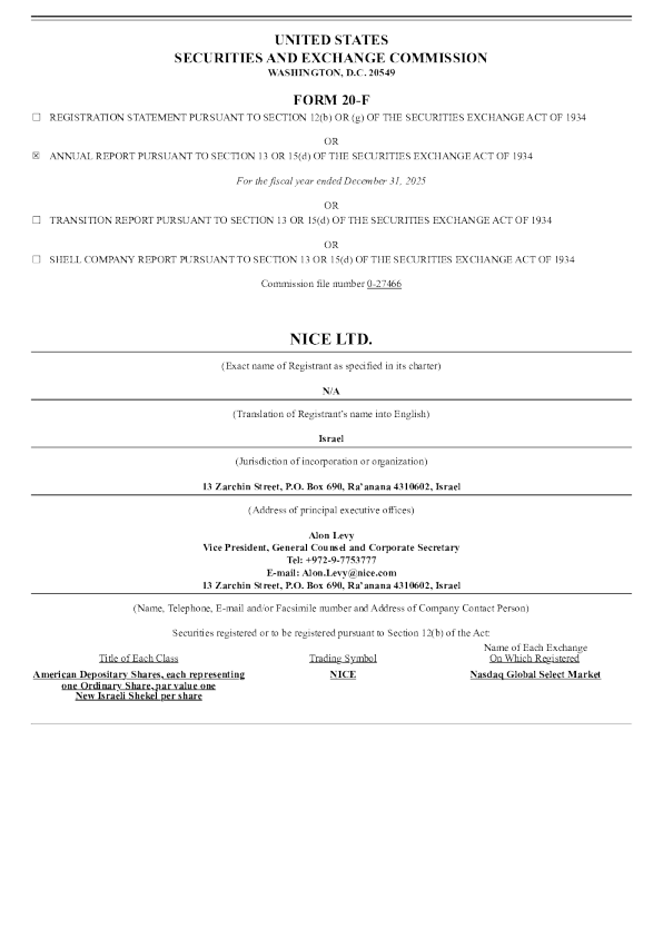 NICE Ltd ADR 2026年年度报告和过渡报告