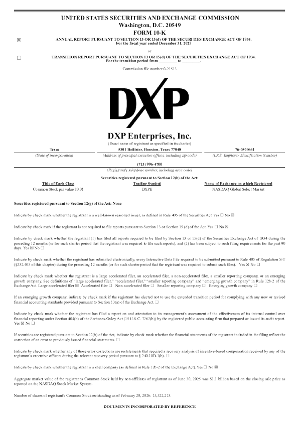 DXP Enterprises Inc 2025年度报告