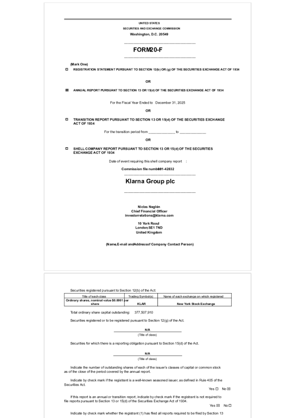 Klarna Group plc 2026年年度报告和过渡报告