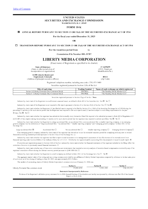 Liberty Media Corp Liberty Formula One-A 2025年度报告