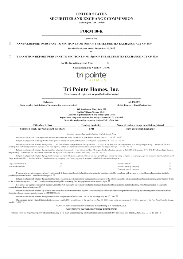 Tri Pointe Homes Inc 2025年度报告