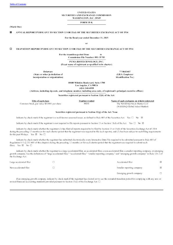 Puma Biotechnology Inc 2025年度报告